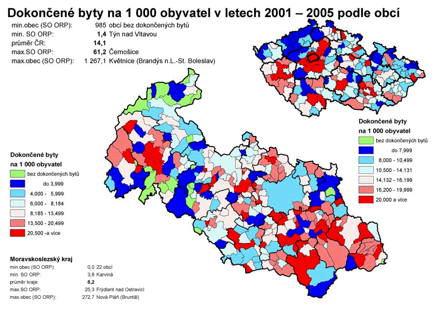 Dokončené byty na 1 000 obyvatel v letech 2001 – 2005 podle obcí